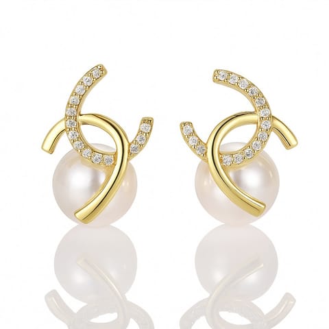⁨Kolczyki ze stali szlachetnej pozłacane 14k złotem, cyrkonie, perły KST3515⁩ w sklepie Wasserman.eu