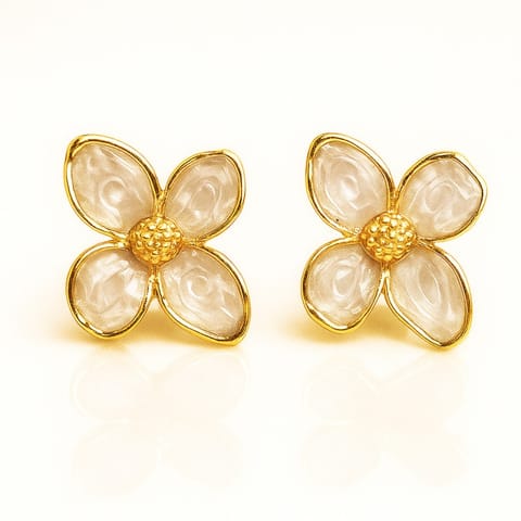 ⁨Kolczyki ze stali szlachetnej pozłacane 14k złotem, kwiaty, masa perłowa KST3480⁩ w sklepie Wasserman.eu