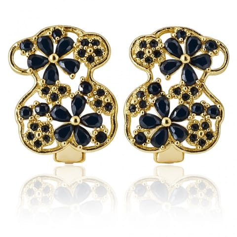 ⁨Kolczyki ze stali szlachetnej pozłacane 14k złotem, miś z czarną cyrkonią KST3535⁩ w sklepie Wasserman.eu