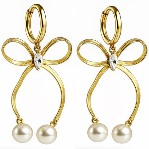 ⁨Kolczyki ze stali szlachetnej pozłacane 14k złotem, wiszące kokardy z perełkami KST3453⁩ w sklepie Wasserman.eu