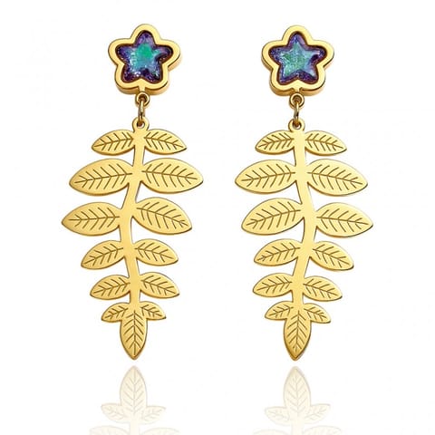 ⁨Kolczyki ze stali szlachetnej pozłacane 14k złotem, wiszące liście kwiat KST3450⁩ w sklepie Wasserman.eu