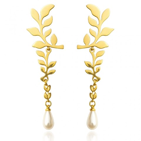 ⁨Kolczyki ze stali szlachetnej pozłacane 14k złotem, wiszące z perłą KST3449⁩ w sklepie Wasserman.eu