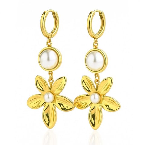 ⁨Kolczyki ze stali szlachetnej pozłacane 14k złotem, wiszące kwiaty z perłą KST3440⁩ w sklepie Wasserman.eu