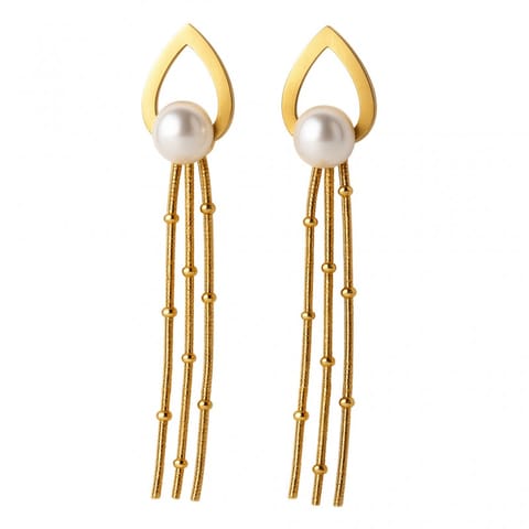 ⁨Kolczyki ze stali szlachetnej pozłacane 14k złotem, wiszące z perłą KST3437⁩ w sklepie Wasserman.eu