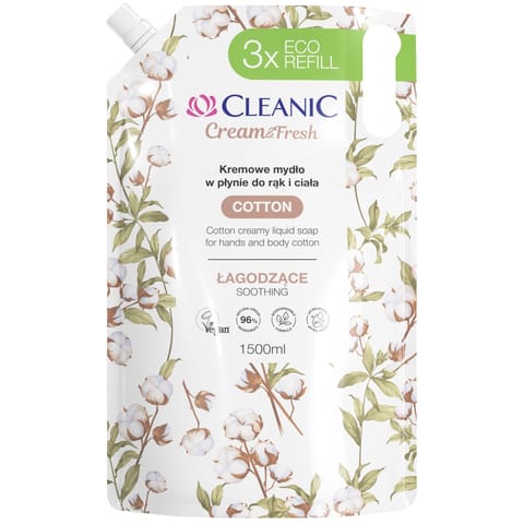 ⁨CLEANIC Cream & Fresh Kremowe Mydło do rąk i ciała Cotton - łagodzące 1500 ml⁩ w sklepie Wasserman.eu