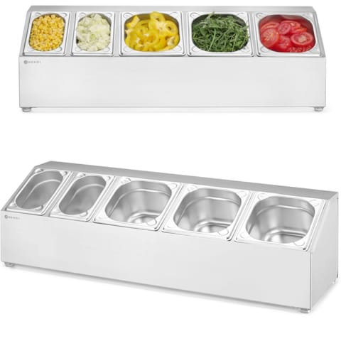 ⁨Stojak ekspozytor stalowy na pojemniki gastronomiczne 3x GN 1/6 2x GN 1/9⁩ w sklepie Wasserman.eu