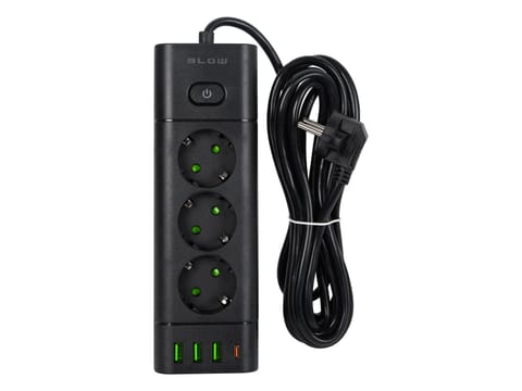 ⁨Przedłużacz sieciowy PS-350T 3-Gniazda 3xUSB+USB-PD 3m czarny 3x1mm⁩ w sklepie Wasserman.eu