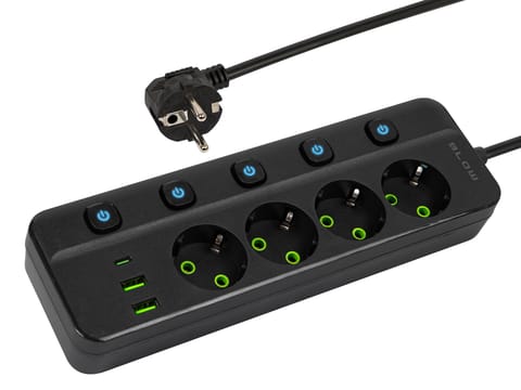 ⁨Przedłużacz sieciowy PS-450M 4-Gniazda 2xUSB+USB-C 3m czarny 3x1mm⁩ w sklepie Wasserman.eu