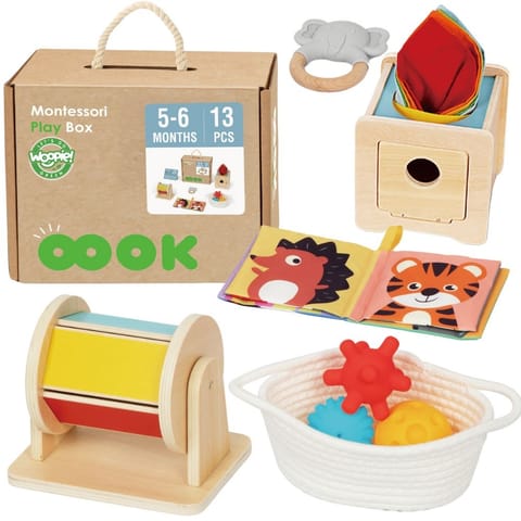 ⁨WOOPIE GREEN Box Pudełko XXL Montessori Edukacyjne 6w1 Sensoryczne 5-6 Miesięcy 13el. FSC⁩ w sklepie Wasserman.eu