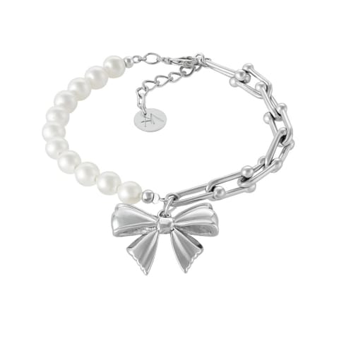 ⁨Bransoletka z pereł i łańcucha, z gładką kokardką Aria Princess Collection (B25/NUT/04AG)⁩ w sklepie Wasserman.eu