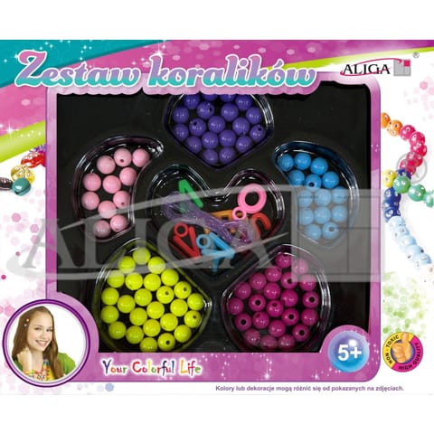 ⁨Zestaw koralików plastikowych mix kolorów i kształtów op. ok. 80szt.+żyłka 120cm. PJ-1992 ALIGA⁩ w sklepie Wasserman.eu