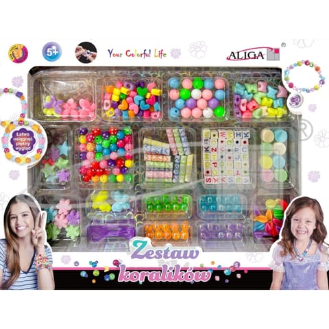 ⁨Zestaw koralików plastikowych mix kolorów i kształtów op. ok. 230szt.+2x 120cm żyłka PJ-2036 ALIGA⁩ w sklepie Wasserman.eu