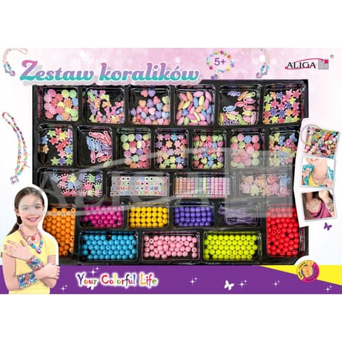 ⁨Zestaw koralików plastikowych mix kolorów i kształtów op. ok. 650szt.+2x 120cm żyłka PJ-2005 ALIGA⁩ w sklepie Wasserman.eu