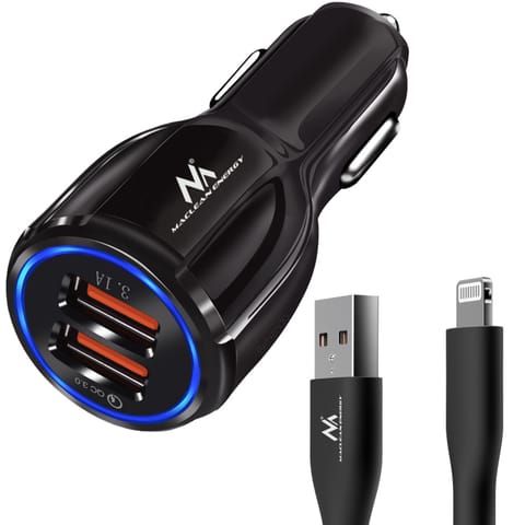 ⁨Ładowarka samochodowa Maclean, Qualcomm Quick Charge, QC 3.0 - 5V/3A, 9V/1.8A, 12V/1.6A, Gniazdo 5V/3.1A z kablem USB Lightning⁩ w sklepie Wasserman.eu