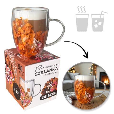⁨Szklanka termiczna z kwiatami w środku, gipsówka, hortensje, pomarańczowy róż 300 ml 1szt SZK196⁩ w sklepie Wasserman.eu