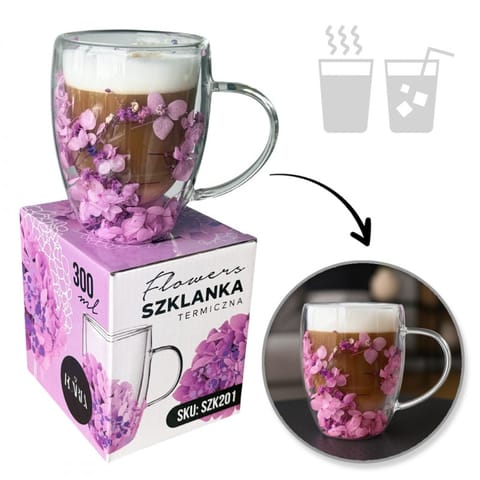 ⁨Szklanka termiczna z kwiatami w środku, gipsówka hortensje fiolet, róż 300 ml 1szt SZK201⁩ w sklepie Wasserman.eu