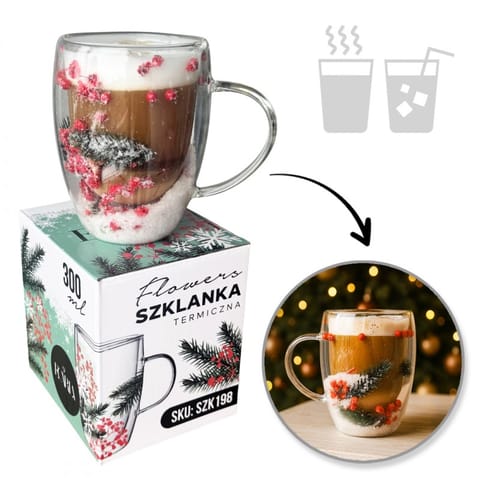 ⁨Szklanka termiczna z kwiatami w środku, akcenty świąteczne, śnieg 300 ml 1szt SZK198⁩ w sklepie Wasserman.eu