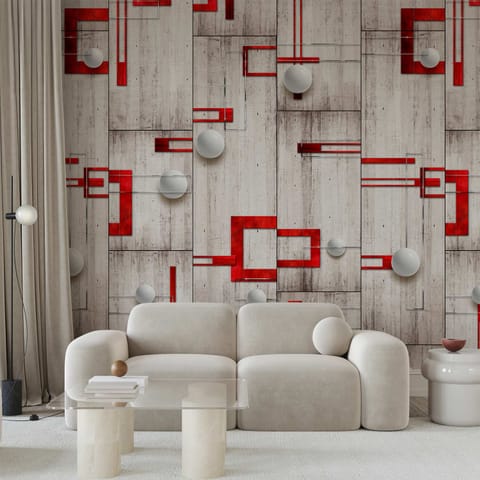 ⁨Wall mural - Concrete, red frames and white balls (size 50x1000)⁩ at Wasserman.eu