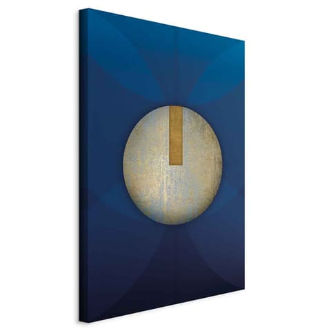 ⁨Obraz - W cieniu klasycznego błękitu (1-częściowy) - złote koło w abstrakcji (rozmiar 80x120, wykończenie Na płótnie włoskim)⁩ w sklepie Wasserman.eu