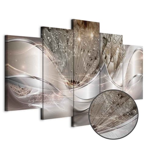 ⁨Obraz - Świecące dmuchawce (5-częściowy) beżowy szeroki (rozmiar 200x100, wykończenie Premium Print)⁩ w sklepie Wasserman.eu