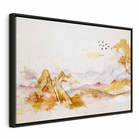 ⁨Obraz - Złote góry (1-częściowy) szeroki (rozmiar 120x80, wykończenie W ramie drewnianej czarnej)⁩ w sklepie Wasserman.eu