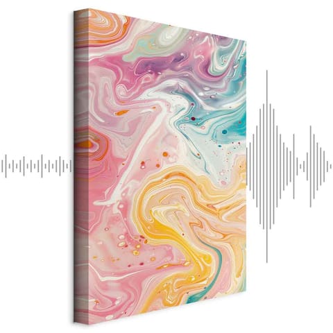 ⁨Obraz - Kolorowy Chaos - dynamiczne kształty w odcieniach różu żółci i błękitu (rozmiar 60x90, wykończenie Akustyczny)⁩ w sklepie Wasserman.eu