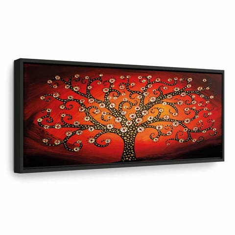 ⁨Obraz - Ogniste drzewo (1-częściowy) wąski (rozmiar 120x40, wykończenie W ramie drewnianej czarnej)⁩ w sklepie Wasserman.eu