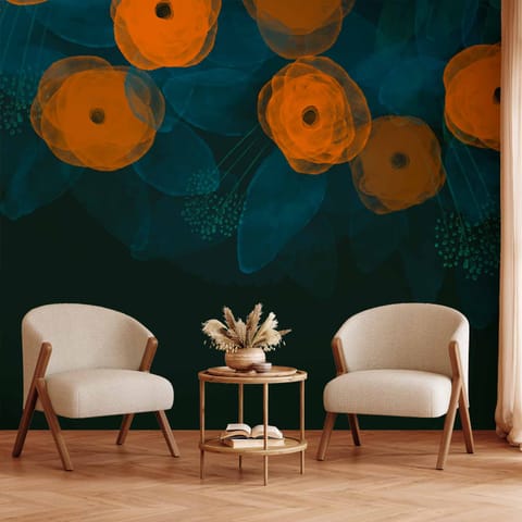 ⁨Fototapeta - Akwarelowa kompozycja - pomarańczowe desenie na delikatnym tle z liści (rozmiar 300x210, wykończenie Standard)⁩ w sklepie Wasserman.eu