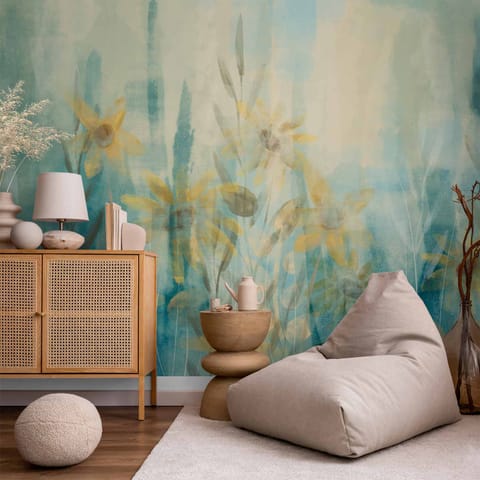 ⁨Fototapeta - Muśnięcie latem - motyw roślinny z łąką kwiatów w niebieskich tonach (rozmiar 200x140, wykończenie Standard)⁩ w sklepie Wasserman.eu