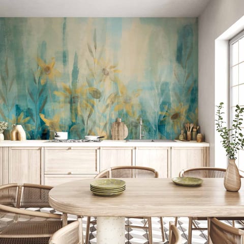 ⁨Fototapeta - Muśnięcie latem - motyw roślinny z łąką kwiatów w niebieskich tonach (rozmiar 100x70, wykończenie Wodoodporna)⁩ w sklepie Wasserman.eu