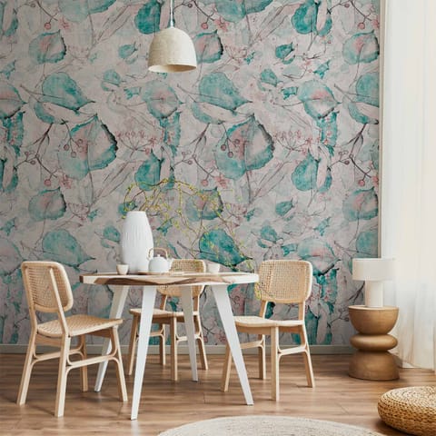 ⁨Fototapeta - Jesienne pamiątki - deseń z roślinnym motywem z turkusowymi liśćmi (rozmiar 250x175, wykończenie Wodoodporna)⁩ w sklepie Wasserman.eu