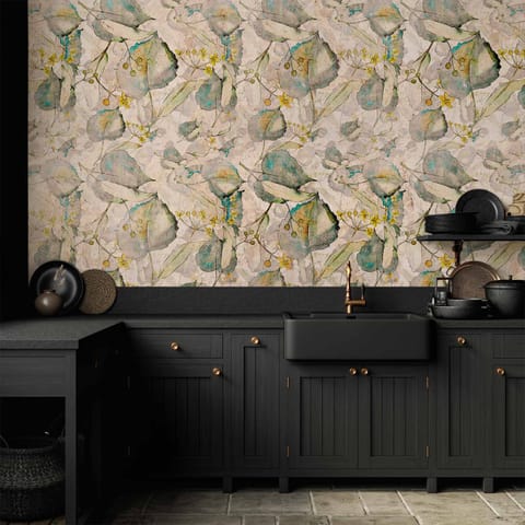 ⁨Fototapeta - Zielonożółte jesienne pamiątki - deseń z roślinnym motywem z liśćmi (rozmiar 100x70, wykończenie Wodoodporna)⁩ w sklepie Wasserman.eu