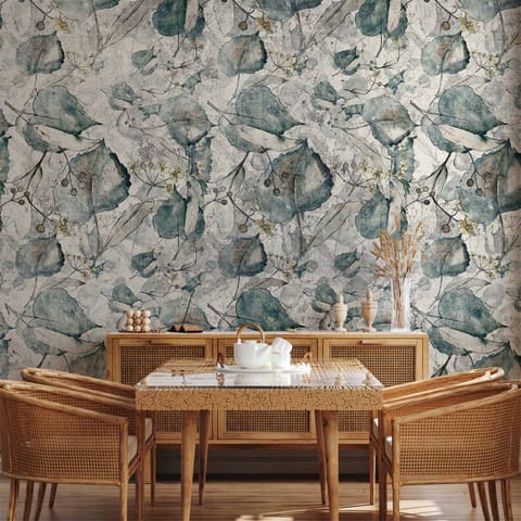 ⁨Fototapeta - Jesienne pamiątki - chłodny szary deseń z roślinnym motywem z liśćmi (rozmiar 250x175, wykończenie Wodoodporna)⁩ w sklepie Wasserman.eu