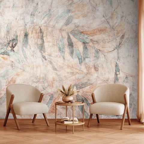 ⁨Fototapeta - Greckie laury - wyblakła kompozycja z liśćmi na beżowym tle w desenie (rozmiar 294x210, wykończenie Samoprzylepna)⁩ w sklepie Wasserman.eu