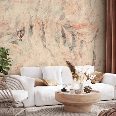 ⁨Fototapeta - Greckie laury - kompozycja z liśćmi w desenie na tle w żółtych tonach (rozmiar 245x175, wykończenie Samoprzylepna)⁩ w sklepie Wasserman.eu