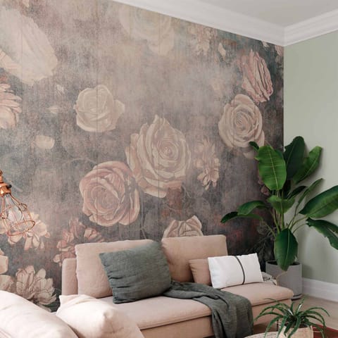 ⁨Fototapeta - Mglista natura - pomarańczowe kwiaty na tle o niejednolitej teksturze (rozmiar 450x315, wykończenie Standard)⁩ w sklepie Wasserman.eu