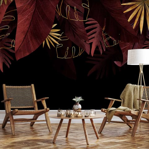 ⁨Fototapeta - Dżungla i kompozycja - motyw czerwonych i złotych liści na czarnym tle (rozmiar 350x256, wykończenie Premium)⁩ w sklepie Wasserman.eu