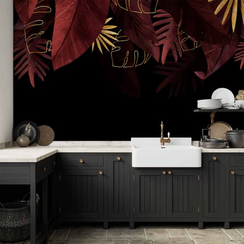 ⁨Fototapeta - Dżungla i kompozycja - motyw czerwonych i złotych liści na czarnym tle (rozmiar 200x140, wykończenie Wodoodporna)⁩ w sklepie Wasserman.eu