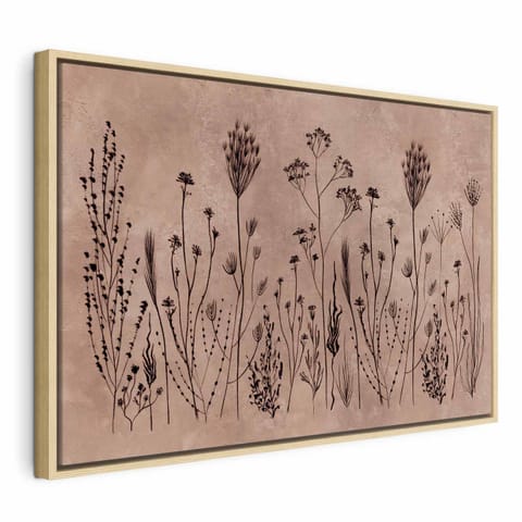 ⁨Obraz - Polne kwiaty - czarne rośliny na tle w technice lime wash (rozmiar 120x80, wykończenie W ramie drewnianej naturalnej)⁩ w sklepie Wasserman.eu