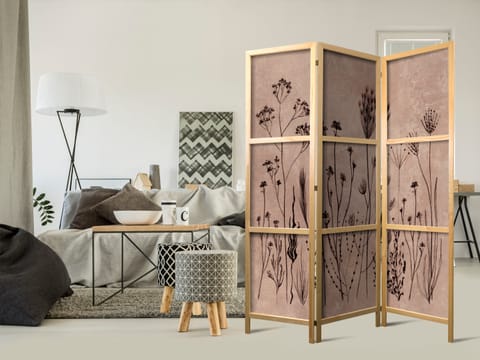 ⁨Parawan japoński - Roślinny vintage - delikatne polne kwiaty na tle w technice lime wash (rozmiar 135x172, wykończenie )⁩ w sklepie Wasserman.eu