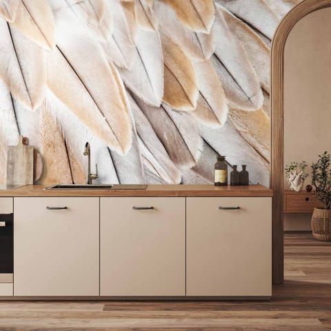 ⁨Fototapeta - Skrzydła ptaka z bliska - jednolite zbliżenie na beżowe pióra ptaka (rozmiar 150x105, wykończenie Wodoodporna)⁩ w sklepie Wasserman.eu