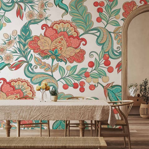 ⁨Fototapeta - Etniczna roślinność - motyw roślinny z ornamentami w kolorowe kwiaty (rozmiar 250x175, wykończenie Wodoodporna)⁩ w sklepie Wasserman.eu