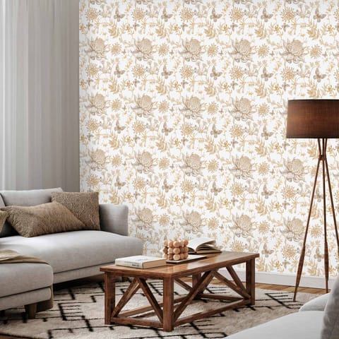 ⁨Tapeta - Beżowe kwiaty i motyle na białym tle (rozmiar 50x1000, wykończenie Premium)⁩ w sklepie Wasserman.eu