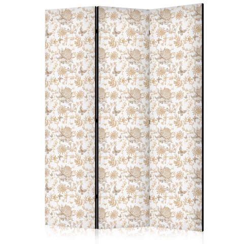 ⁨Parawan - Beżowe odcienie natury - kwiaty i motyle na białym tle - ilustracja (rozmiar 135x172, wykończenie Akustyczny)⁩ w sklepie Wasserman.eu