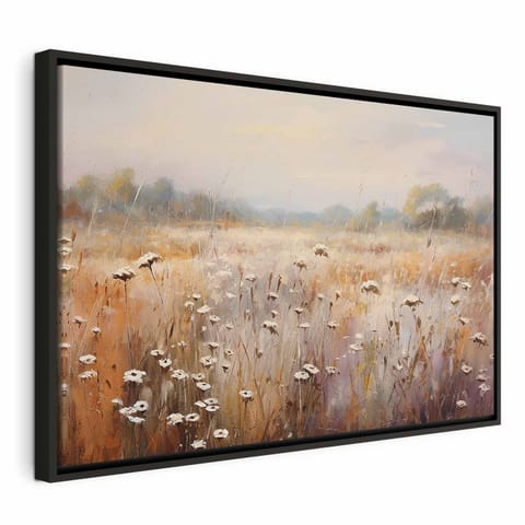 ⁨Obraz - Impresjonistyczna łąka - krajobraz polny w pastelowej palecie barw (rozmiar 120x80, wykończenie W ramie drewnianej czarnej)⁩ w sklepie Wasserman.eu