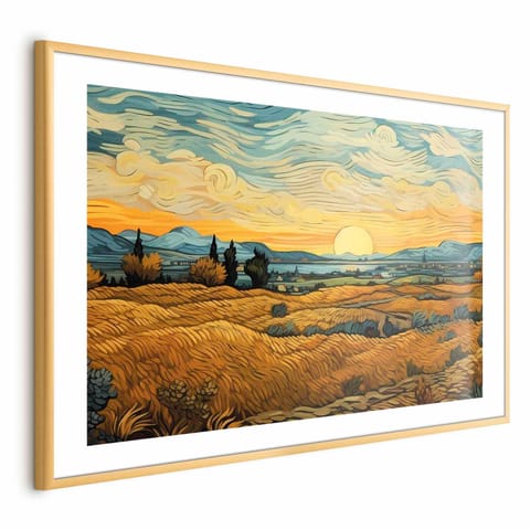 ⁨Plakat - Impresjonistyczne łany - namalowany złoty krajobraz z łanami zboża (rozmiar 90x60, wykończenie Rama złota z marginesem)⁩ w sklepie Wasserman.eu