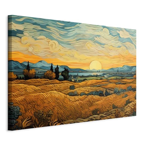 ⁨Obraz - Impresjonistyczne łany - namalowany złoty krajobraz z łanami zboża (rozmiar 120x80, wykończenie Na płótnie włoskim)⁩ w sklepie Wasserman.eu