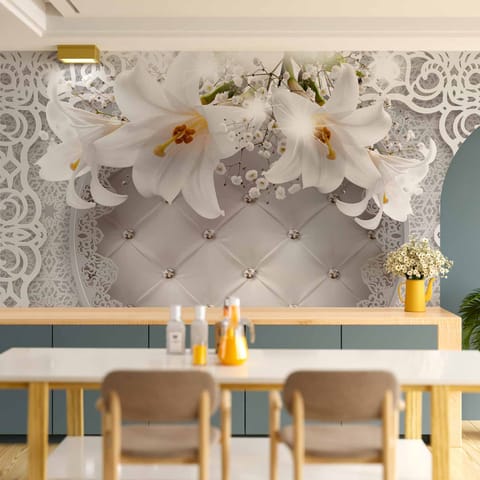 ⁨Fototapeta - Lilie i pikowane tło (rozmiar 300x210, wykończenie Wodoodporna)⁩ w sklepie Wasserman.eu