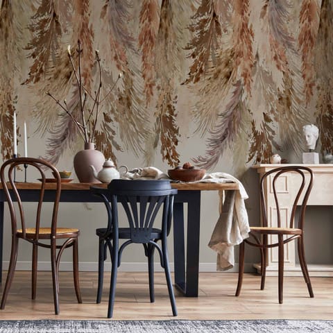 ⁨Fototapeta - Minimalistyczny pejzaż boho - zwisające liście w beżowych barwach (rozmiar 300x210, wykończenie Wodoodporna)⁩ w sklepie Wasserman.eu