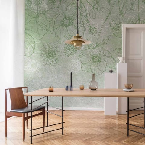 ⁨Fototapeta - Kwiecista łąka - natura z polnymi kwiatami lineart na zielonym tle (rozmiar 250x175, wykończenie Wodoodporna)⁩ w sklepie Wasserman.eu